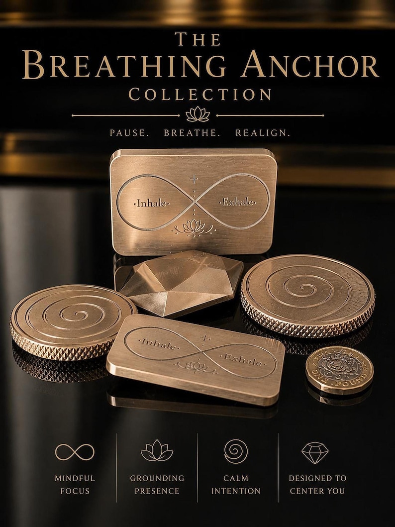 An assortment of solid brass meditation tools including rectangular breathing anchors, round spiral worry stones, and a faceted geometric token.