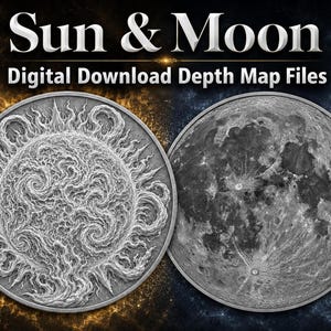 Sun and Moon Depth Map PNG Bundle 16-Bit Laser Engraving File for 3D Coins CNC Bas Relief Celestial Medallion Digital Download for Makers
