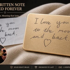 Informational graphic showing a solid brass plaque engraved with I love you to the moon and back on a fabric backdrop, alongside a paper note and a inset showing the plaque thickness.