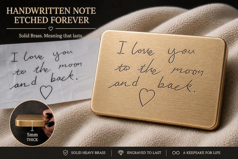 Informational graphic showing a solid brass plaque engraved with I love you to the moon and back on a fabric backdrop, alongside a paper note and a inset showing the plaque thickness.