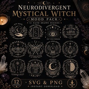 Paquete de SVG de bruja neurodivergente TDAH Autismo PNG Gótico Salud Mental Cricut Sublimación Camiseta Camiseta Grabado láser Digital Paquete de 12