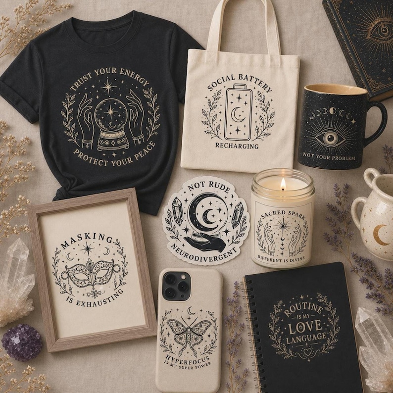 A flat lay of various witchy-themed products on a dark background, including a black t-shirt, a tote bag, a mug, a framed print, a phone case, a candle, and a notebook.