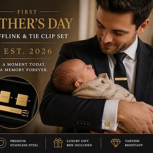 May include: A Father's Day cufflink and tie clip set. The set includes gold-colored cufflinks and a tie clip, presented in a black box. The cufflinks are square-shaped and engraved with "DADDY" and "EST. 2026". The tie clip is engraved with "NOAH".