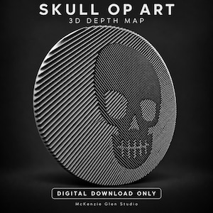 Peut inclure: Une carte de profondeur 3D circulaire intitulée SKULL OP ART présentant une illusion d'optique en noir et blanc d'un crâne créé avec des lignes diagonales. Le texte indique SKULL OP ART, 3D DEPTH MAP, DIGITAL DOWNLOAD ONLY et McKenzie Glen Studio.