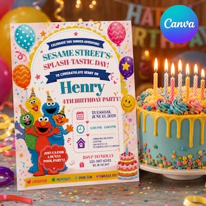 May include: A Sesame Street themed birthday party invitation featuring Elmo, Cookie Monster, Big Bird, and Bert. The text reads: Sesame Street's Splash-Tastic Day, Henry 4th Birthday Party, Tuesday, June 15, 2026, 1:30 PM-4:00 PM, Gibbs Recreation Center.