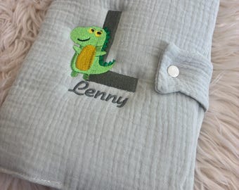 Gepersonaliseerde hoes voor babygezondheidsboekje met dinosaurusmotief – Dubbel gaas, saliegroen – Babycadeau – Geborduurd met naam – Geborduurde hoes