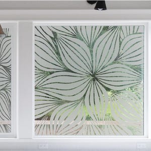 Puede incluir: Una película para ventanas con un gran patrón floral blanco repetitivo de pétalos alargados y curvos. El diseño es semitransparente, creando un efecto de vidrio esmerilado que oscurece la vista mientras permite el paso de luz por los cristales.