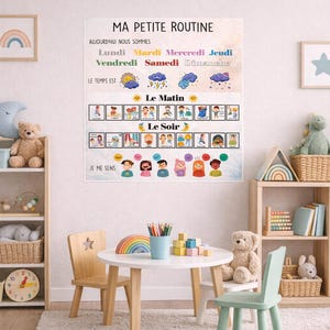 May include: A French language educational poster titled "MA PETITE ROUTINE" with sections for days of the week and times of day. The poster is displayed in a child's room, with a small table and chairs in front. The room is decorated with toys and shelves.