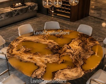 Custom Live Edge Epoxy River Table, Round Burl Wood Coffee Table, Amber Resin Living Room Table, Modern Luxury Kitchen & Dining Tabletop |