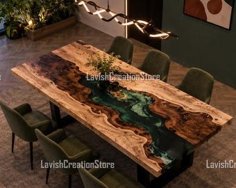 Handmade Live Edge Epoxy River Dining Table – Luxury Walnut Wood & Emerald Green Resin Table – Modern Handmade Dining Room Tabletop |