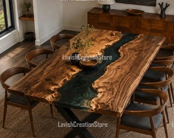 Live Edge Walnut River Dining Table with Black Epoxy Resin, Luxury Handmade Dining Table, Modern Wood Table, Luxury Conference Table |