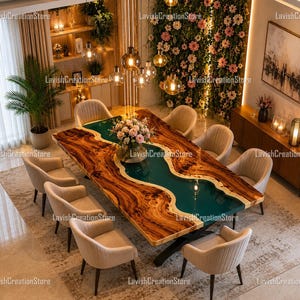 Handcrafted Walnut Epoxy Dining Table – Deep Emerald River Table – Live Edge Wood Table – Custom Luxury Furniture Green Epoxy Wood Table |