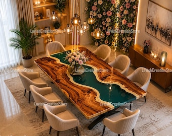 Handcrafted Walnut Epoxy Dining Table – Deep Emerald River Table – Live Edge Wood Table – Custom Luxury Furniture Green Epoxy Wood Table |