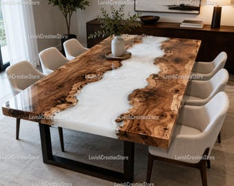 Luxury Walnut Epoxy River Dining Table – Handmade Live Edge Resin Table, Modern Wood Dining Table, Contemporary Statement Dining Tabletop |