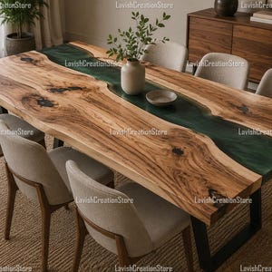 Aangepaste walnoot riviertafel met smaragdgroene epoxyhars | Houten tafel met Live Edge | Luxe handgemaakte woonkamer | Vergader- en keukentafel |