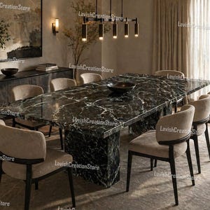Luxury Black Marble Dining Table – Rectangular Stone Dining Table – Modern Pedestal Base Table – Nero Marquina – Large Elegant Dining Table