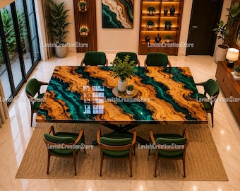 Custom Luxury Coffee Table – Live Edge Walnut & Emerald Resin River – Modern Handmade Statement Table Modern Handmade Dining Tabletop |