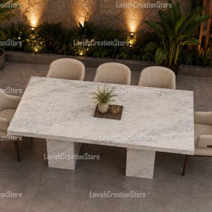 Witmarmeren eettafel, rechthoekige stenen keukentafel, modern voetstuk