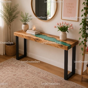 Live Edge Walnut Epoxy Console Table | Turquoise River Entryway Table | Handmade Wood Resin Sofa Table | Modern Hallway Entryway Console |