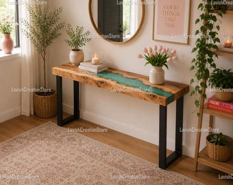 Live Edge Walnut Epoxy Console Table | Turquoise River Entryway Table | Handmade Wood Resin Sofa Table | Modern Hallway Entryway Console |