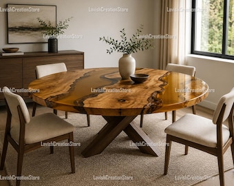 live edge epoxy river table round acacia wood dining table, luxury aesthetic room decor, bespoke table it’s giving main character energy |