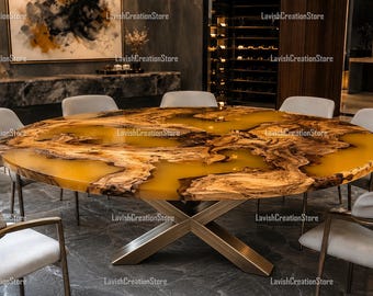 Round Burl Wood Epoxy River Dining Table, Amber Gold Resin Table, Live Edge Wood Dining Table, Luxury Round Dining Table, Custom Tabletop |