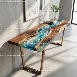 Luxury Blue Epoxy Resin Console Table, Solid Wood Live Edge Entryway Table, Handmade River Table, Hallway Sofa Table, Modern Console Table |