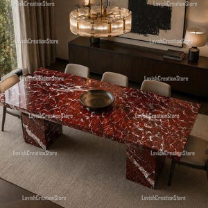 Luxury Red Marble Dining Table, Modern Rectangular Stone Table, Statement Piece for Formal Dining Room, High-End Designer Dining Table Top |