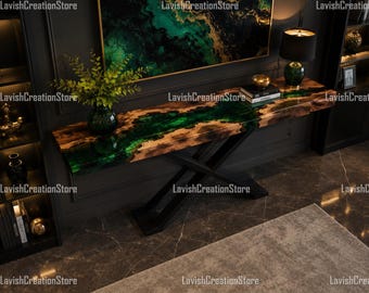 Live Edge Olive Wood Emerald Epoxy River Console Table, Handcrafted Hallway, Modern Resin Top