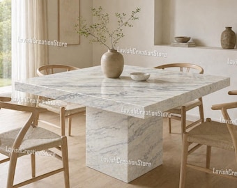 Mesa de comedor de mármol blanco de lujo, mesa moderna con base de pedestal, mesa de comedor minimalista de piedra, mesa de comedor elegante y contemporánea para el hogar.