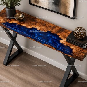 Live Edge Walnut Ocean Blue Epoxy Console Table | Luxury River Console Table | Entryway Sofa Table Ocean Blue Epoxy Resin Console Table |