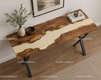 Luxury Cream Epoxy Resin Console Table | Live Edge Walnut Entryway Table | Modern Hallway Sofa Table Handmade Furniture Hallway Accent Table
