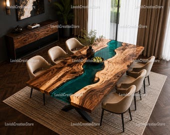 Live Edge River Dining Table, Walnut Epoxy Table, Turquoise Blue Resin Dining Table, Modern Luxury Dining Room Furniture Dining Tabletop |