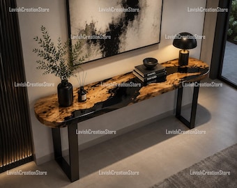 Black Epoxy River Console Table, Live Edge Walnut Entryway Table, Modern Resin Sofa Table, Luxury Hallway Accent Furniture Entryway Table |
