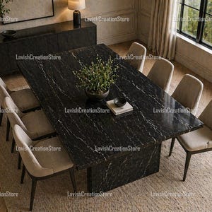 Black Marble Dining Table, Luxury Pietra Dura Dining Set, Modern Rectangular Stone Table for Dining Room, Handcrafted Luxury Dining Table |