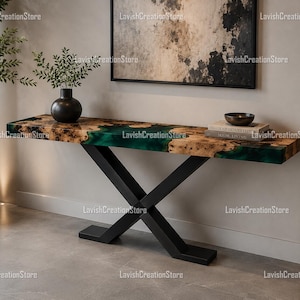 Luxury Burl Walnut Resin Console Table, Emerald Green River Table, Handmade Entryway Hallway Furniture Walnut Hallway Console Tabletop |