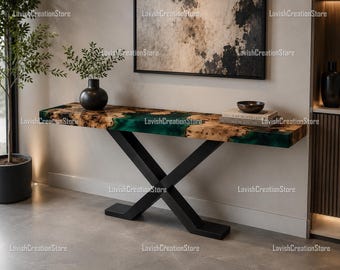 Luxury Burl Walnut Resin Console Table, Emerald Green River Table, Handmade Entryway Hallway Furniture Walnut Hallway Console Tabletop |