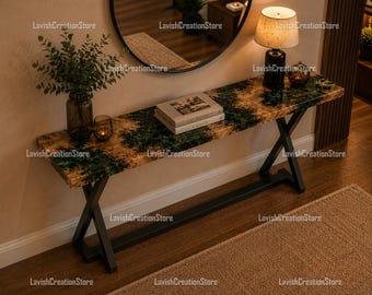 Luxury Green Epoxy Resin Console Table | Live Edge Wood Entryway Table | Modern Hallway Sofa Table | Handmade River Table Decor Tabletop |