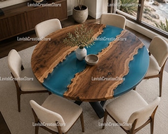Handmade Round Epoxy River Table | Live Edge Walnut Living Room Table | Blue Resin Ocean Table | Modern Luxury Dining Room Tabletop |
