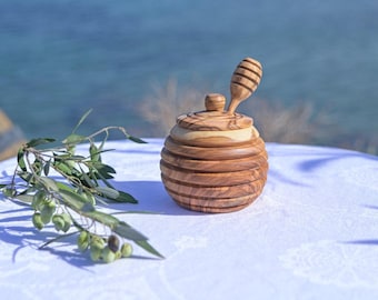 Olijfhouten honingpot, houten honingpot met lepel, keukendecor boerderij, cadeau theeliefhebber, suikerpot, housewarmingcadeau, Honigtopf