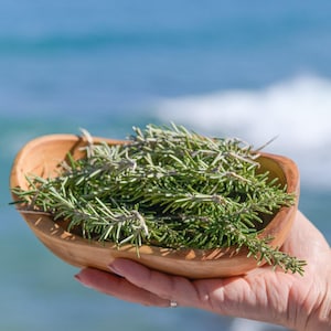 Könnte beinhalten: Eine Holzschale gefüllt mit frischen Rosmarinzweigen, gehalten in einer Hand vor einem verschwommenen Ozeanhintergrund. Der Rosmarin ist ein leuchtendes Grün, das mit den warmen Tönen der Holzschale kontrastiert. Das Bild weckt ein Gefühl von natürlicher Frische und Küchenkräutern.