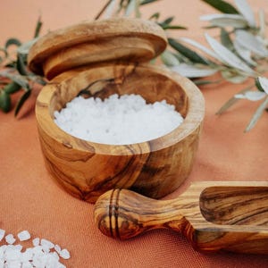May include: A wooden salt cellar with a lid, filled with white salt, and a matching scoop. The salt cellar and scoop are made of wood with a natural grain. Olive branches with green olives are in the background.