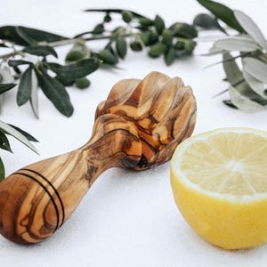 May include: A wooden citrus reamer, half a lemon, and olive branches. The reamer is made of light and dark brown wood with a ridged head for juicing. The lemon is yellow, and the olive branches have green leaves and olives.