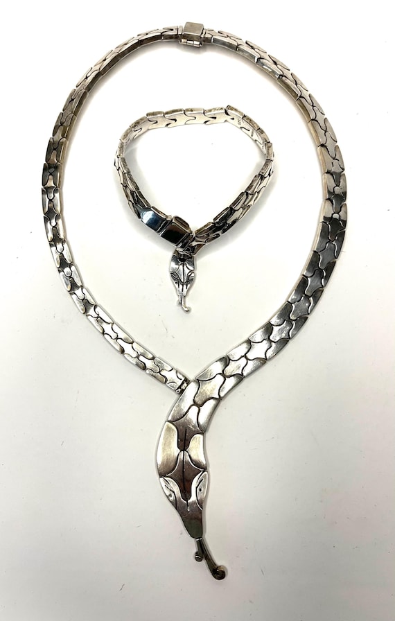 Solid Mexican 925 Silver Hinged Snake Necklace Br… - image 7