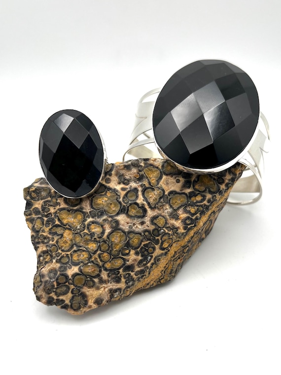 Faceted Obsidian & Sterling Silver Cuff and Ring, Vintage Jay King