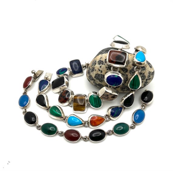 Multi Stone & Sterling Silver Bracelets, Vintage Taxco