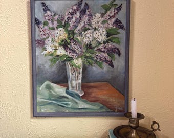 Vintage 1945 Signed Floral Still Life Oil Painting, Framed 16x20 Original Impasto Art Purple Lilacs, Grandmillenial Cottage Midcentury Decor