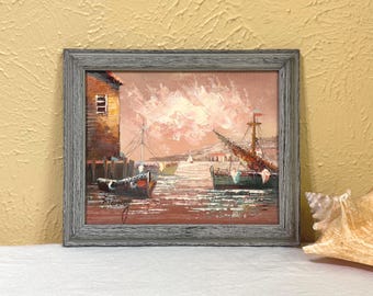 Pintura al óleo original de un puerto costero sobre tabla, con textura aplicada con espátula, enmarcada, 8x10