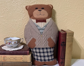 Vintage Needlepoint Papa Bear Pillow Doll, Handmade Stuffed Animal