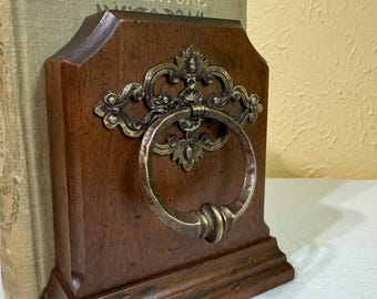 A Pair of Wooden Bookends, Dark Wood Embellished with Decorative Brass Hardware